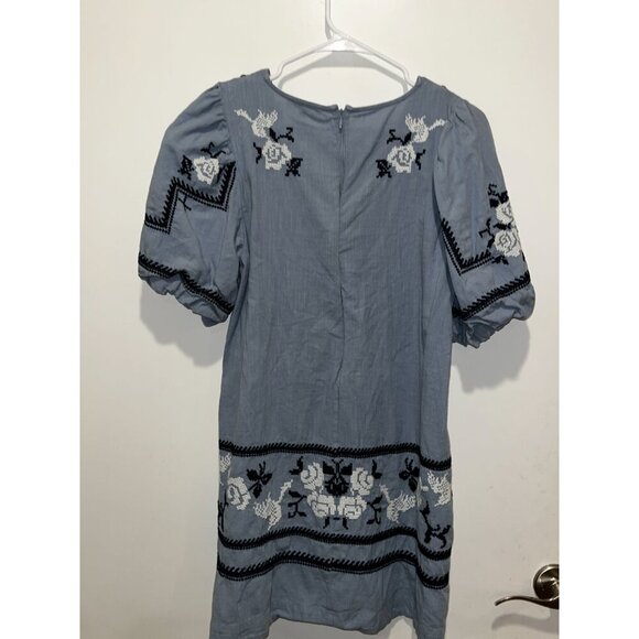 Madewell Blue Embroidered  Foldover V-Neck Puff Sleeve Mini Dress  Women's Size - Picture 5 of 10